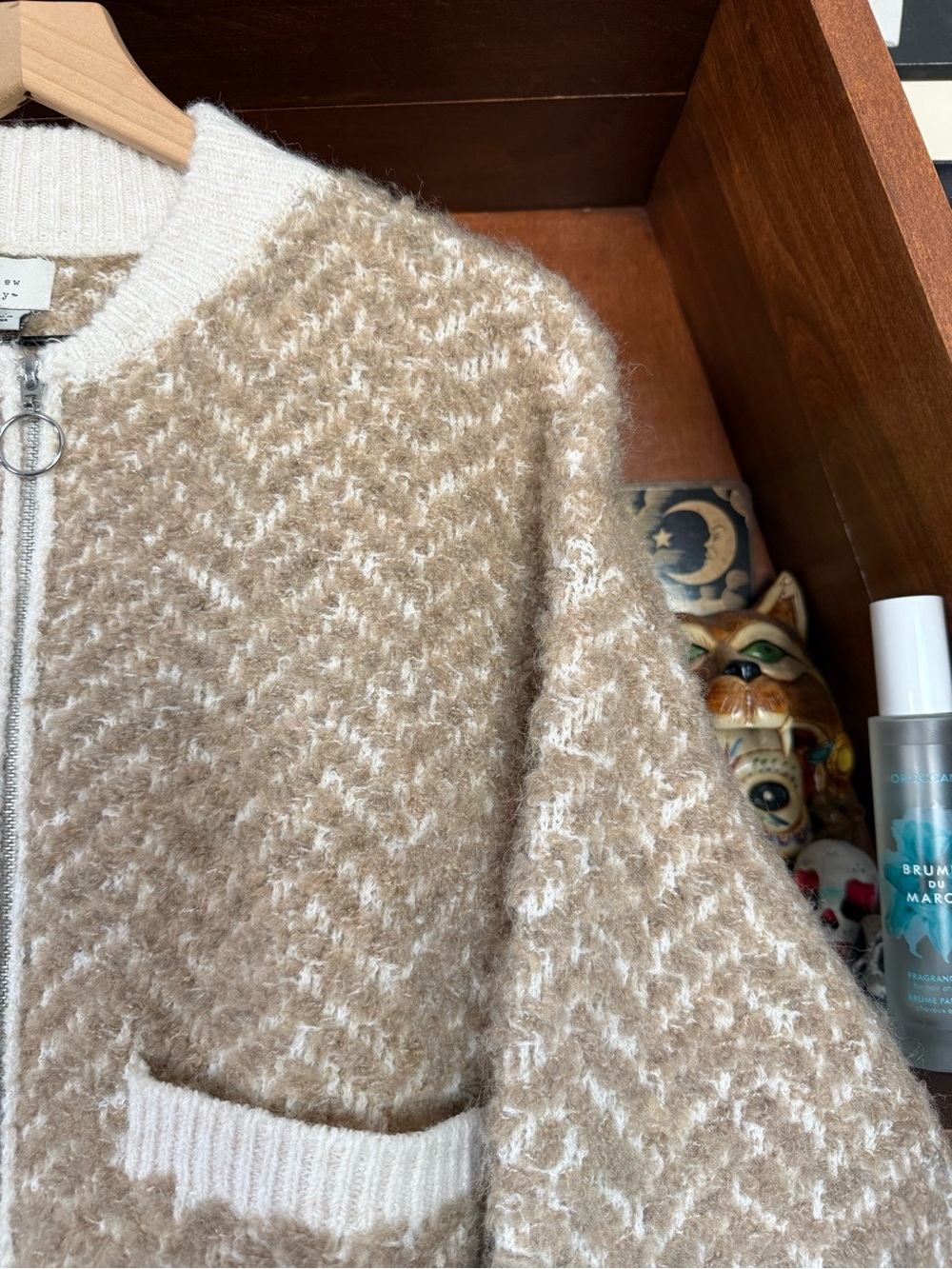 a new day - Textured Zip-Front Crew Sweater - Beige and Cream - Women’s Small